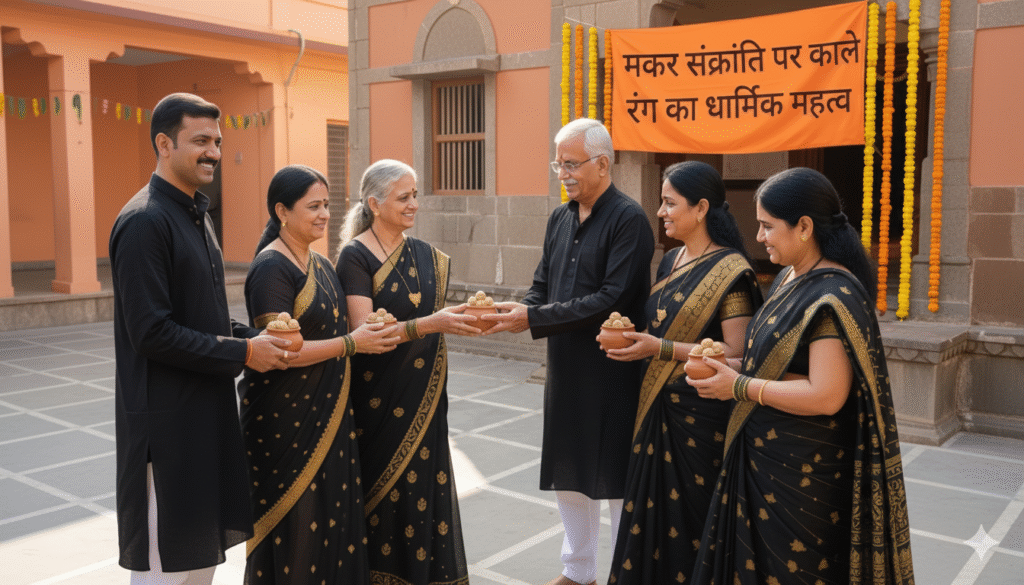 Women wearing black sarees celebrating Makar Sankranti 2026.